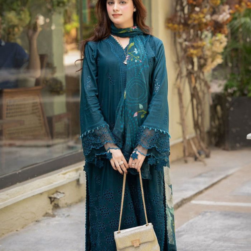 Teal Blue Embroidered Long Frock Suit
