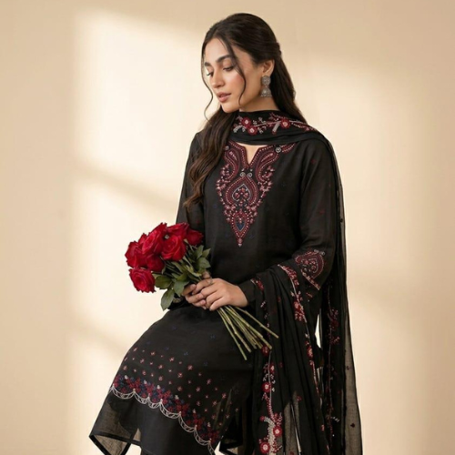 Elegant Black Multi Embroidered 3 Piece Suit for Women
