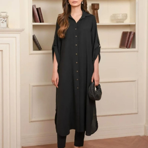 Black Silk Co-Ord Set Button Down 2-Piece Long Shirt with Trouser for Women