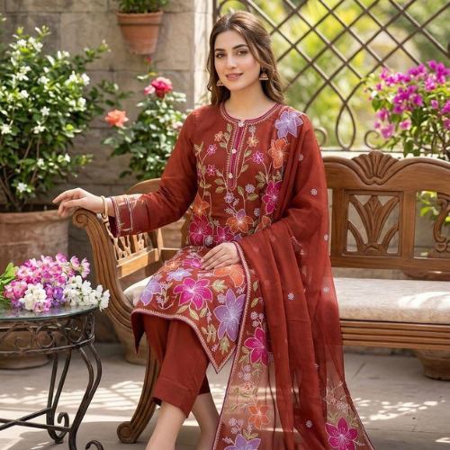 Floral Embroidered 3-Piece Lawn Suit with Dupatta