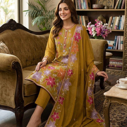 Floral Embroidered 3-Piece Lawn Suit with Dupatta