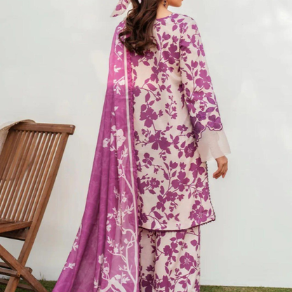 Light Pink & Purple Floral Printed 3-Piece Lawn Suit with Dupatta