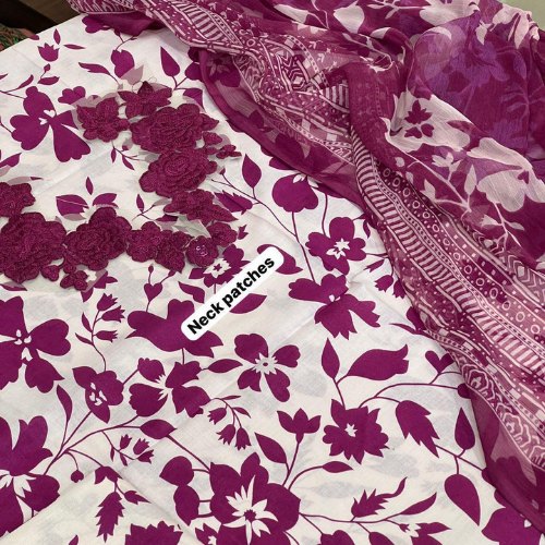 Light Pink & Purple Floral Printed 3-Piece Lawn Suit with Dupatta