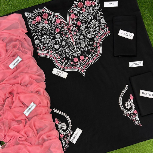 Black Embroidered 3-Piece Lawn Suit with Pink Chiffon Dupatta