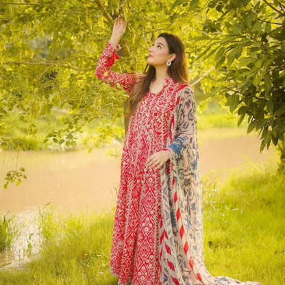 Elegant Red Printed Cotton Dress with Grey Floral Dupatta