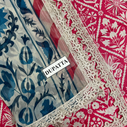 Elegant Red Printed Cotton Dress with Grey Floral Dupatta