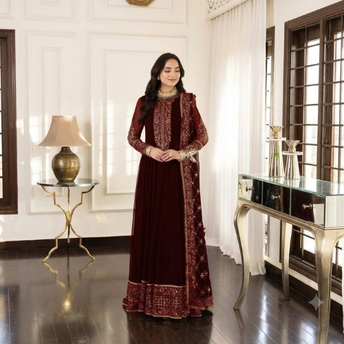 Luxury Maroon Embroidered Maxi Dress with Heavy Dupatta