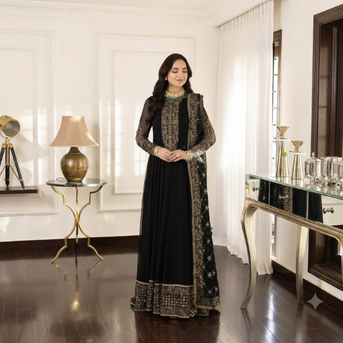 Luxury Maroon Embroidered Maxi Dress with Heavy Dupatta