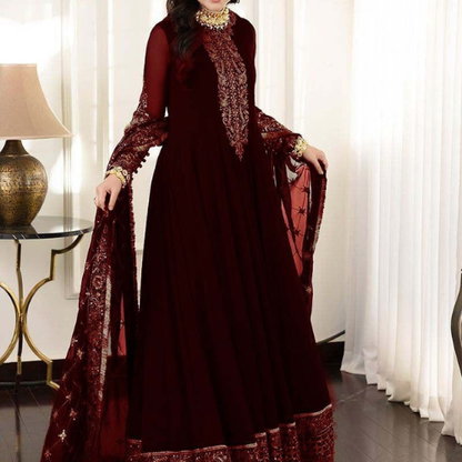 Luxury Maroon Embroidered Maxi Dress with Heavy Dupatta