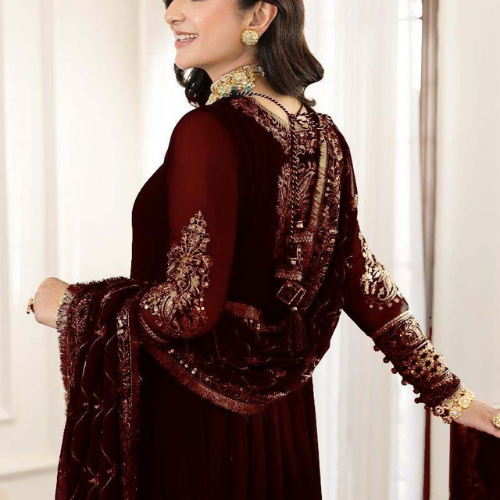 Luxury Maroon Embroidered Maxi Dress with Heavy Dupatta