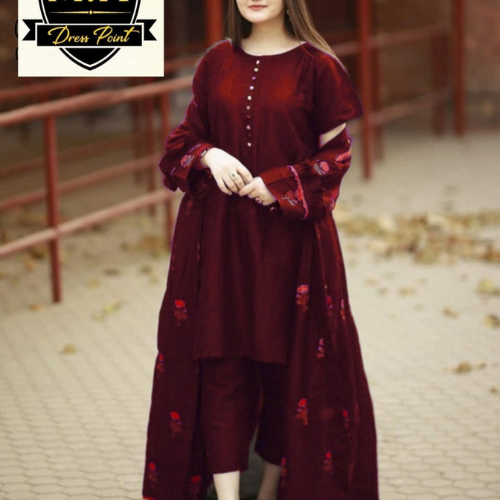 Stylish 3PC Stitched Dress with Long Printed Gown for Women