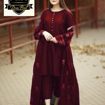 Stylish 3PC Stitched Dress with Long Printed Gown for Women