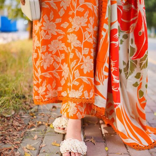Elegant Orange Floral Lawn Outfit