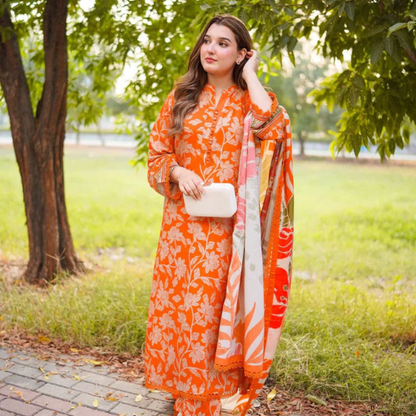 Elegant Orange Floral Lawn Outfit