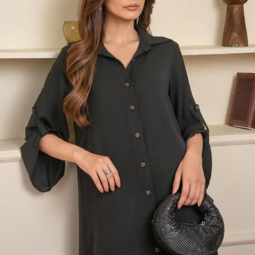 Black Silk Co-Ord Set Button Down 2-Piece Long Shirt with Trouser for Women