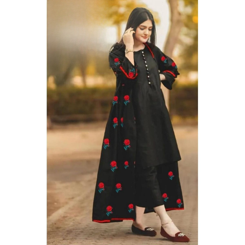 Stylish 3PC Stitched Dress with Long Printed Gown for Women