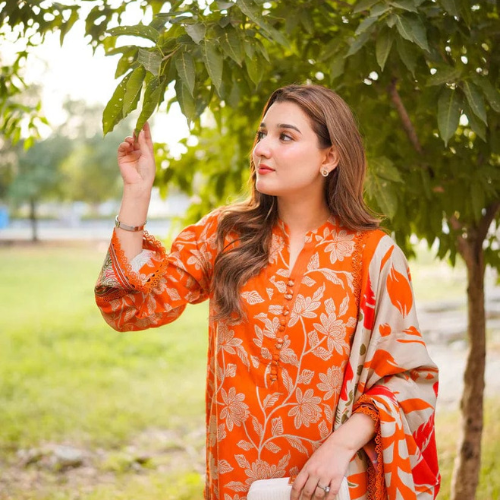 Elegant Orange Floral Lawn Outfit