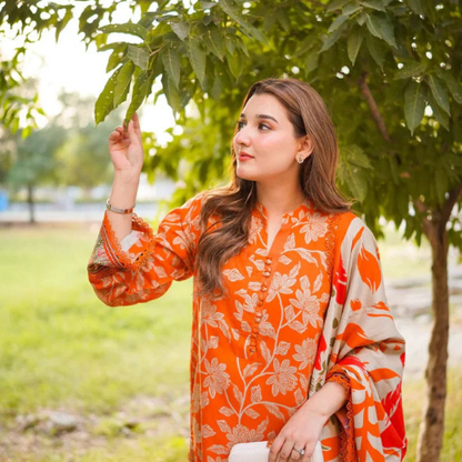 Elegant Orange Floral Lawn Outfit