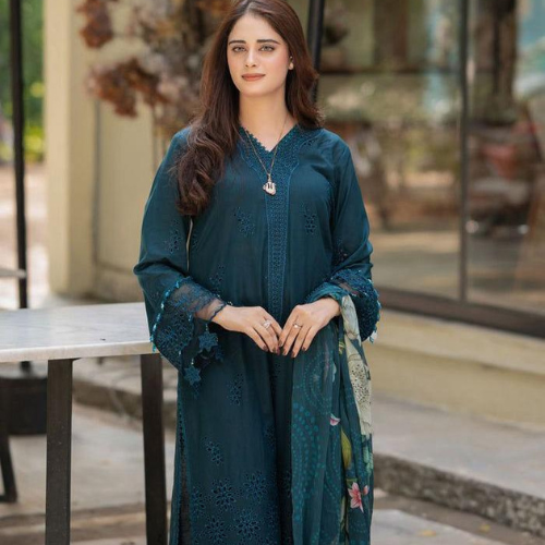 Teal Blue Embroidered Long Frock Suit