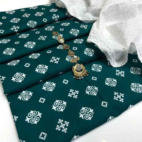 Elegant Dark Green Printed Lawn Suit with White Embroidered Dupatta