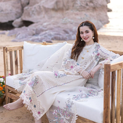 Elegant Ivory Floral Embroidered Maxi Dress for Women