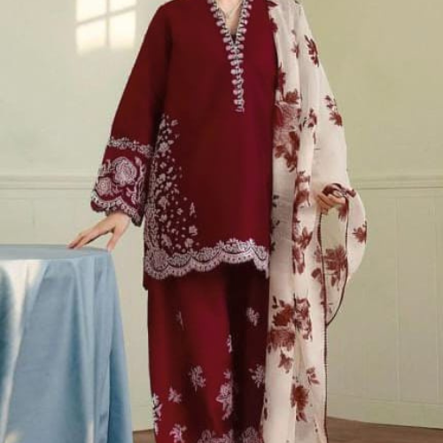 Elegant Navy Blue Embroidered 3 Piece Suit for Women