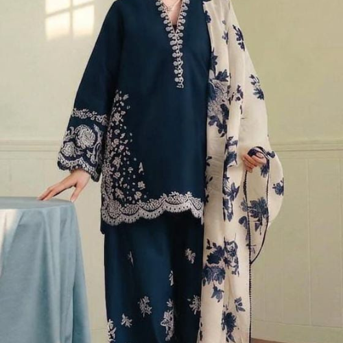 Elegant Navy Blue Embroidered 3 Piece Suit for Women