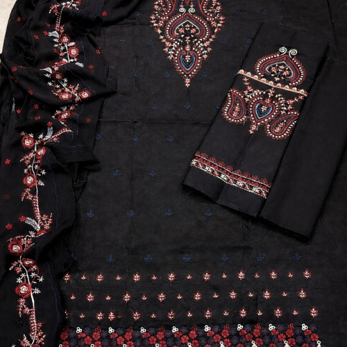 Elegant Black Multi Embroidered 3 Piece Suit for Women