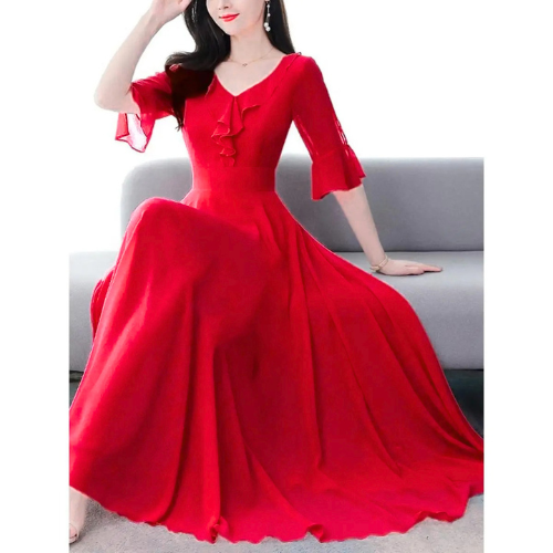 Royal Ropa Red Imported Crepe Korean Style Fancy Maxi for Women &
