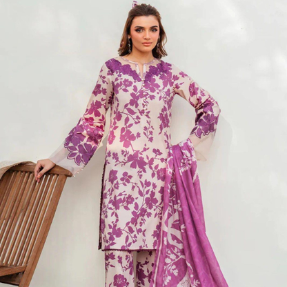 Light Pink & Purple Floral Printed 3-Piece Lawn Suit with Dupatta