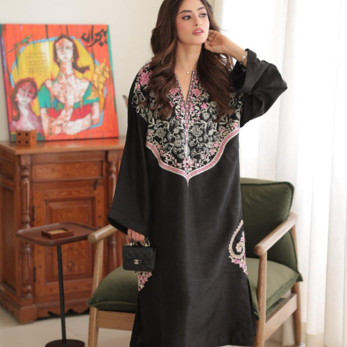 Black Embroidered 3-Piece Lawn Suit with Pink Chiffon Dupatta