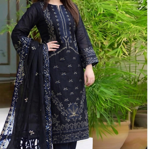 Black Embroidered 3-Piece Lawn Suit with Embroidered Dupatta