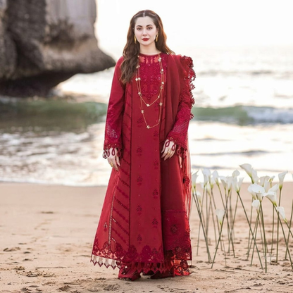 Maroon Embroidered 3-Piece Lawn Suit with Embroidered Dupatta