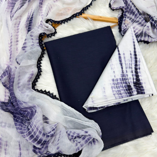 Elegant Navy Blue & Purple Tie-Dye Cotton Dress Material with Printed Dupatta