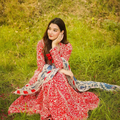 Elegant Red Printed Cotton Dress with Grey Floral Dupatta