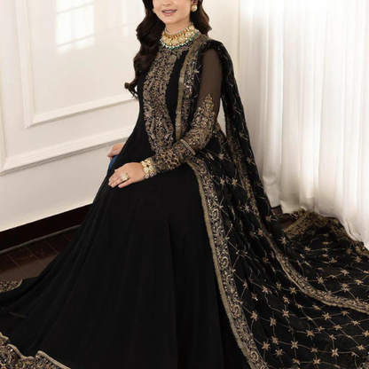 Luxury Maroon Embroidered Maxi Dress with Heavy Dupatta
