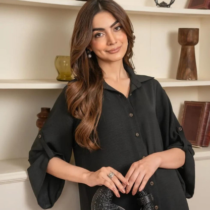 Black Silk Co-Ord Set Button Down 2-Piece Long Shirt with Trouser for Women