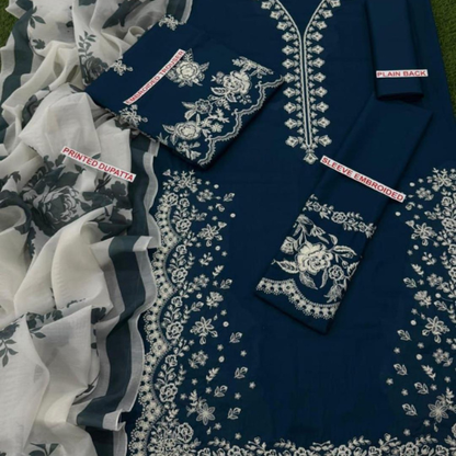 Elegant Navy Blue Embroidered 3 Piece Suit for Women