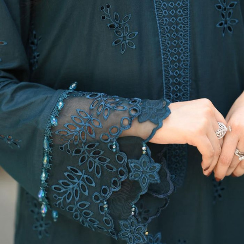 Teal Blue Embroidered Long Frock Suit