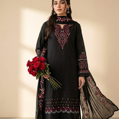 Elegant Black Multi Embroidered 3 Piece Suit for Women