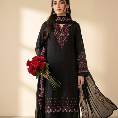 Elegant Black Multi Embroidered 3 Piece Suit for Women