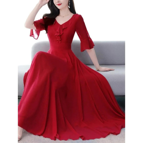 Royal Ropa Red Imported Crepe Korean Style Fancy Maxi for Women &
